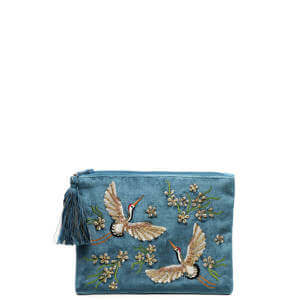 Peace of Mind Crane Embroidered Velvet Pouch